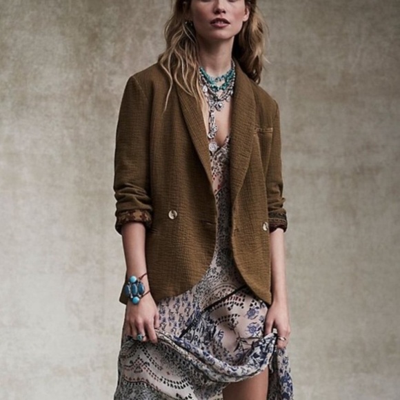 Free People Rowan Blazer Gauzy Cotton Army Green  17707 - Picture 2 of 12